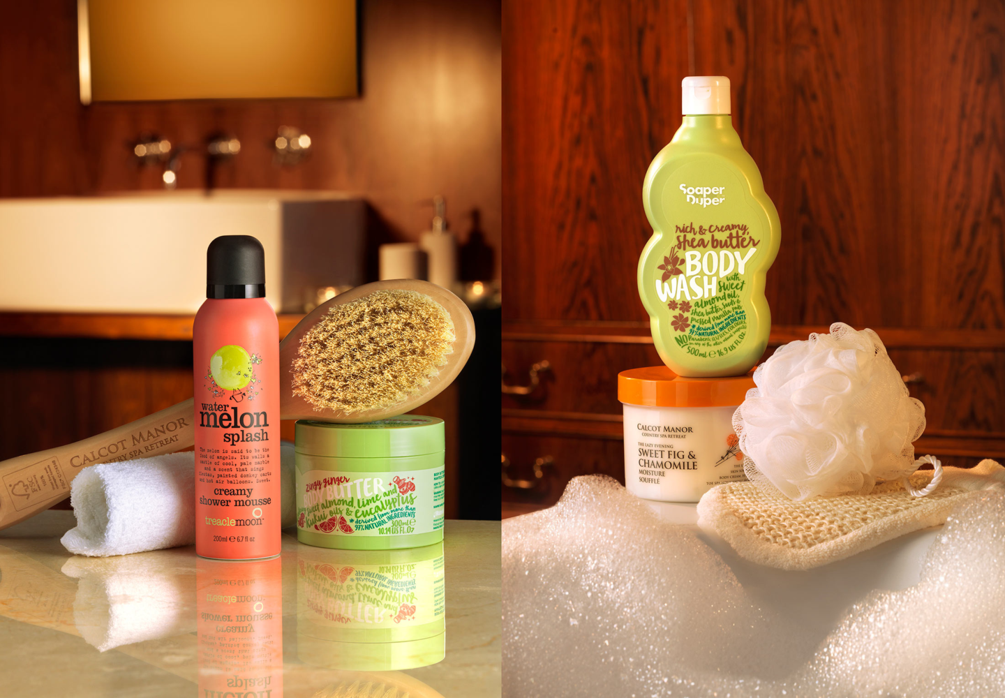 Bathroom lifestyle beauty product photography featuring Treaclemoon shower mousse, Soaper Duper body wash and Calcot Manor spa products by Leo Acker, London Leo Acker Photographer ADVERTORIALS 