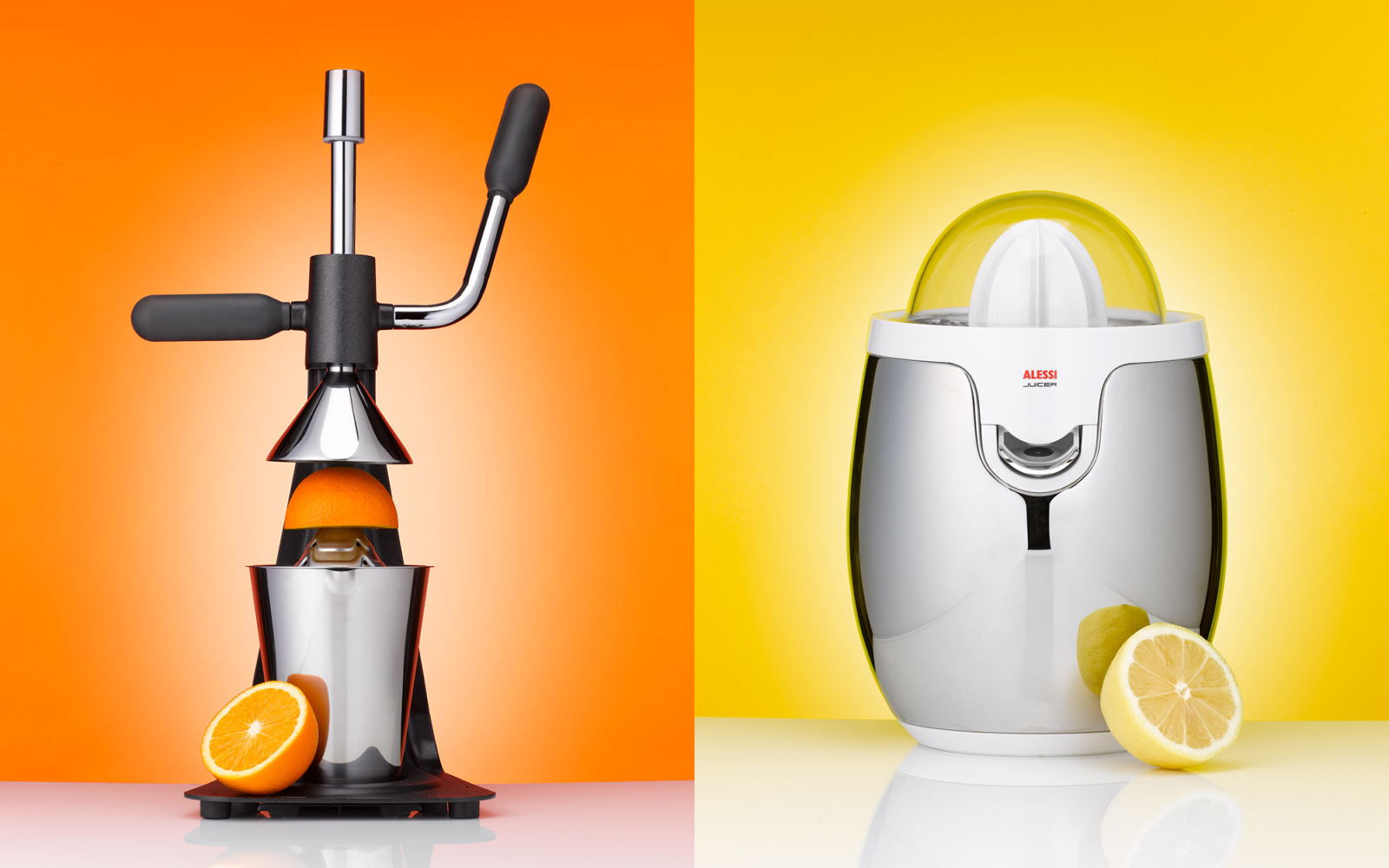 Alessi juicer and professional citrus press product still life photography for John Lewis by Leo Acker, London — chrome kitchen appliances on bold orange and yellow backgrounds Leo Acker Photographer JOHN LEWIS 