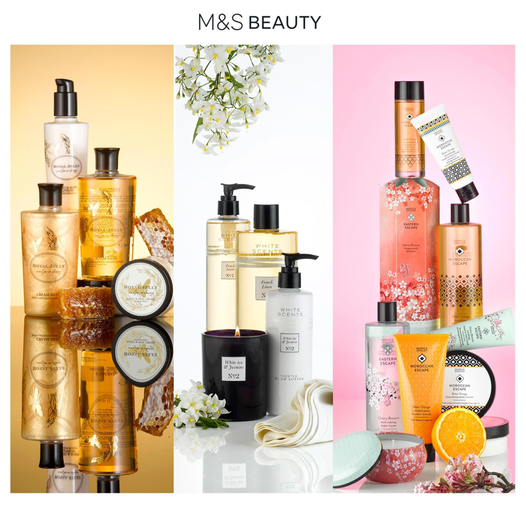 Marks & Spencer Beauty still life photography by Leo Acker, London — Royal Jelly skincare with honeycomb, White Scents French Linen and jasmine candle range, and Eastern Escape Moroccan Escape bath and body collection on pink background Leo Acker Photographer MARKS & SPENCER 