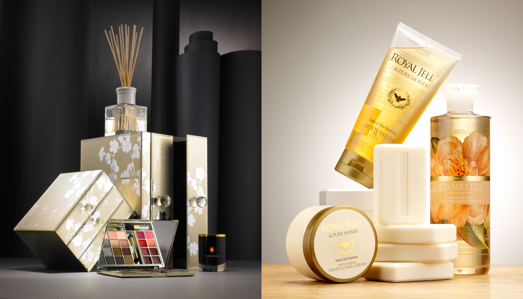 Marks & Spencer Christmas gift collection and Royal Jelly skincare still life photography by Leo Acker, London — luxury beauty gift sets, reed diffuser, eyeshadow palette and Camellia bath products on dark and neutral backgrounds Leo Acker Photographer MARKS & SPENCER 