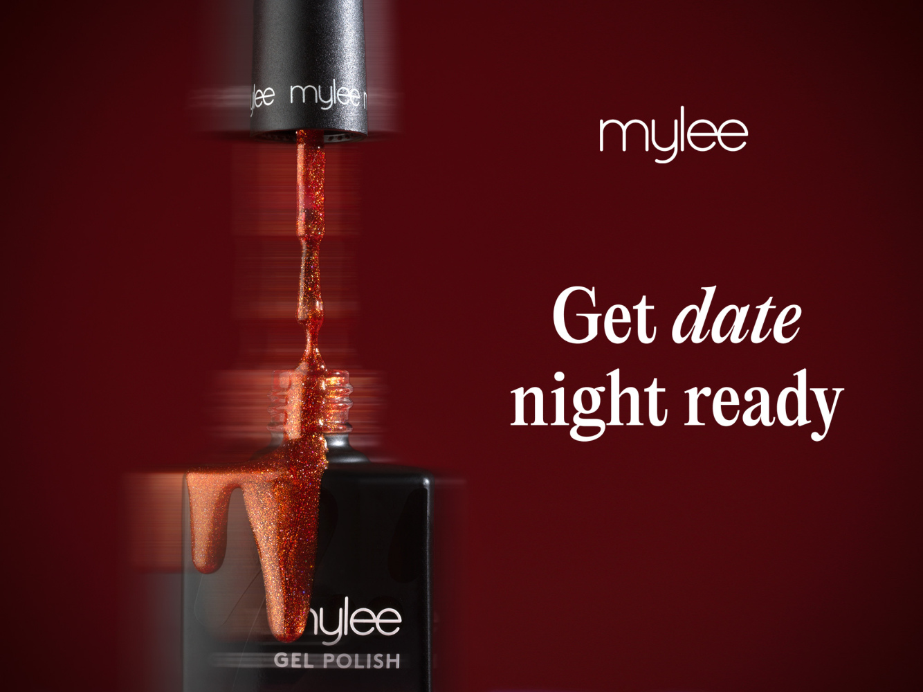 Mylee gel polish bottle with brush dripping glitter polish on deep red background, “Get date night ready” Leo Acker Photographer MYLEE 
