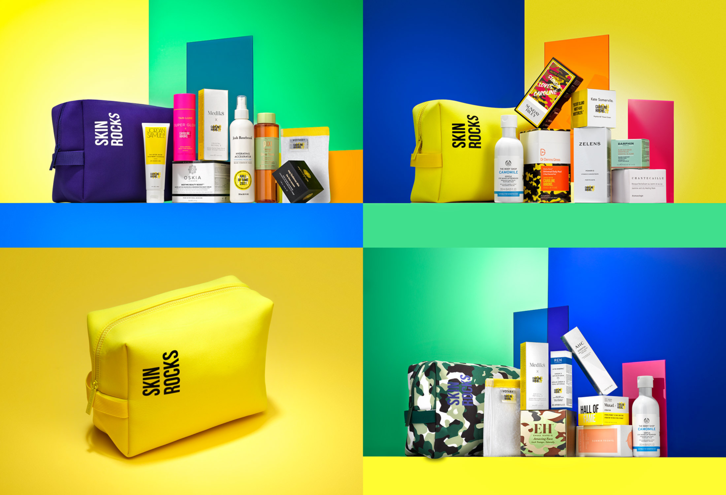 Skin Rocks by Caroline Hirons Hall of Fame beauty kit photography by Leo Acker, London — purple, yellow and camo wash bags with Medik8, Oskia, Zelens, Chantecaille, Murad, REN and Body Shop products on bold colour-blocked backgrounds Leo Acker Photographer CAROLINE HIRONS / SKIN ROCKS 